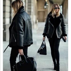 ZARA BLACK FAUX LEATHER SHEARLING FUR DOUBLE FACE BIKER JACKET COAT